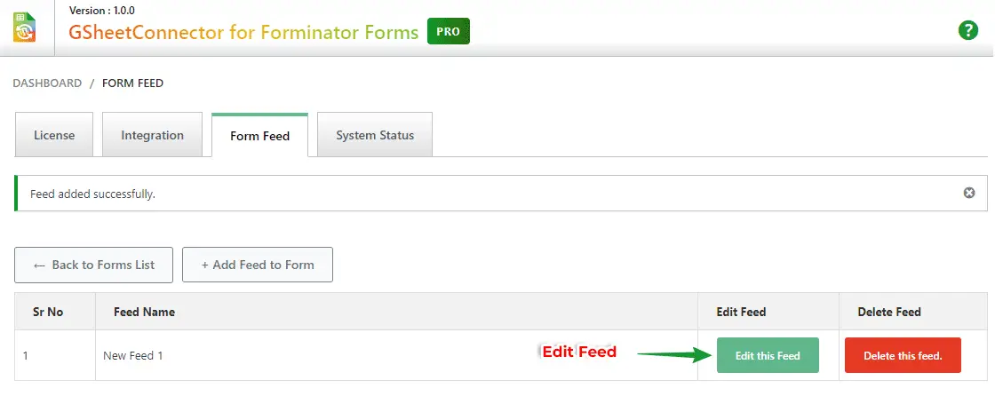 Forminator Google Sheets Integration feed settings