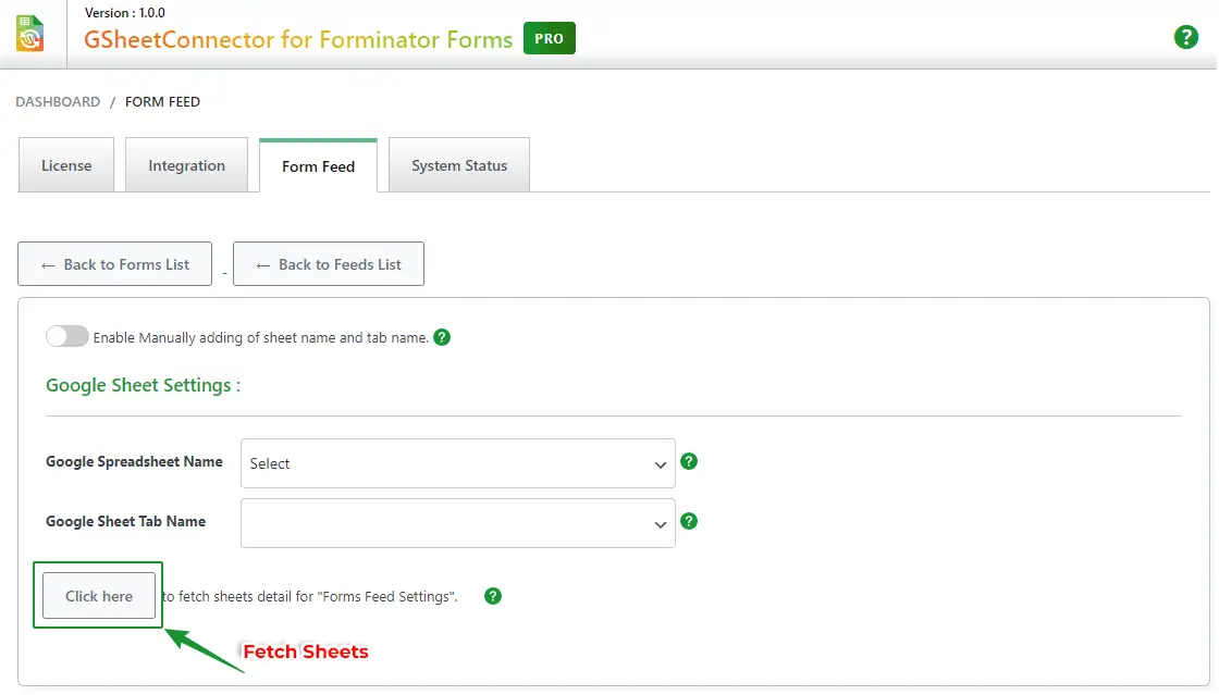 Forminator Google Sheets Integration feed settings