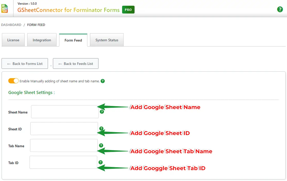 Forminator Google Sheets Integration feed settings