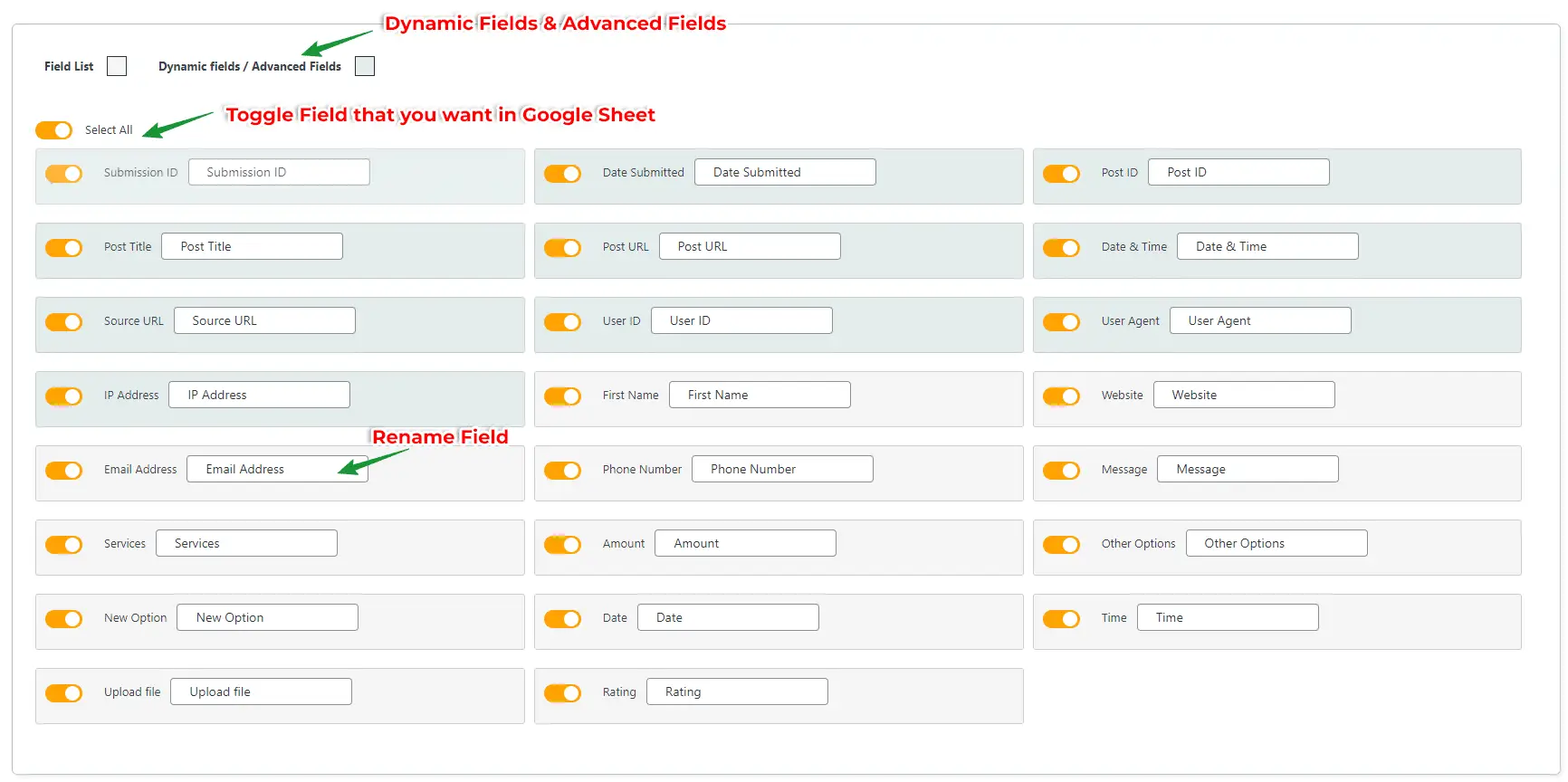 Forminator Google Sheets Integration feed settings