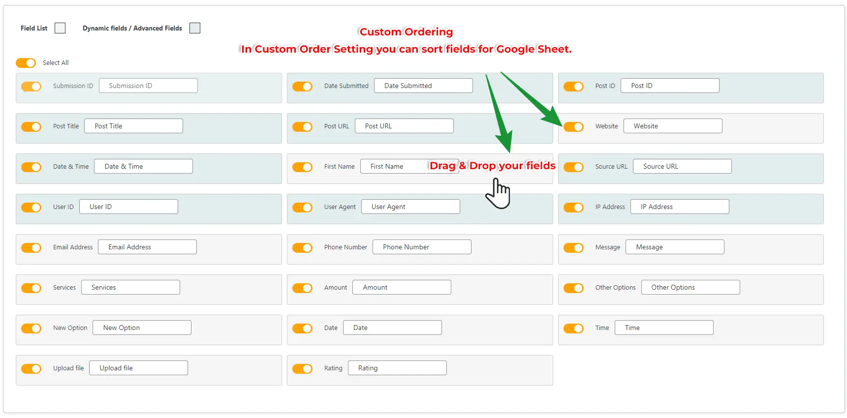 Forminator Google Sheets Integration feed settings