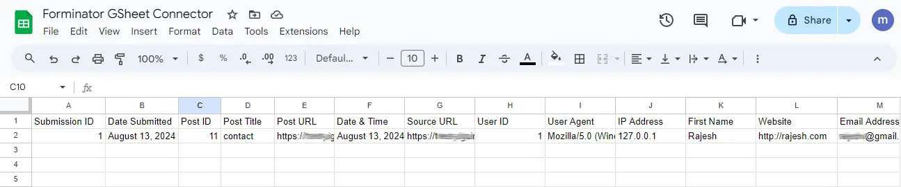 Forminator Google Sheets Integration feed settings