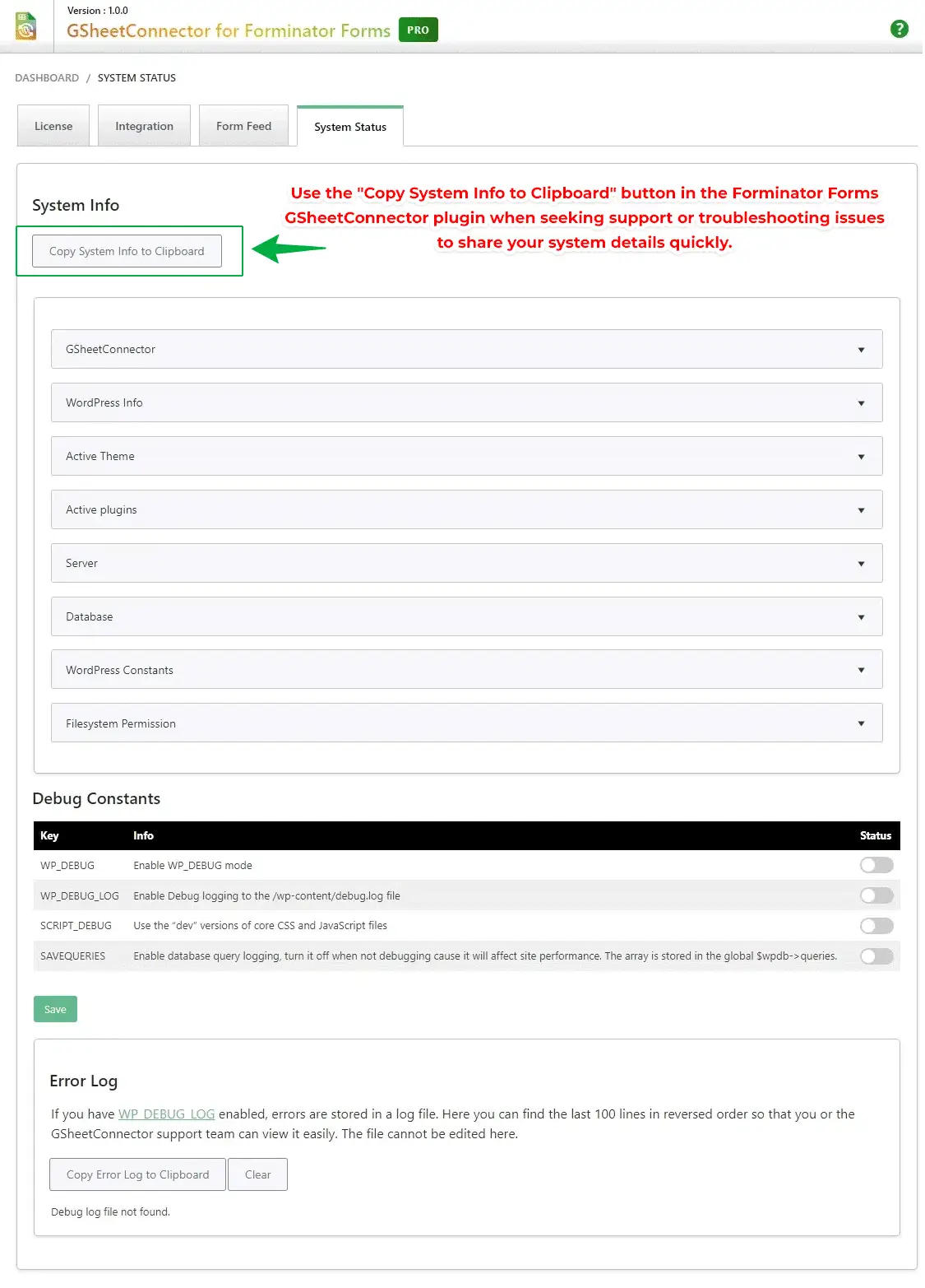GSheetConnector System Status - System Info