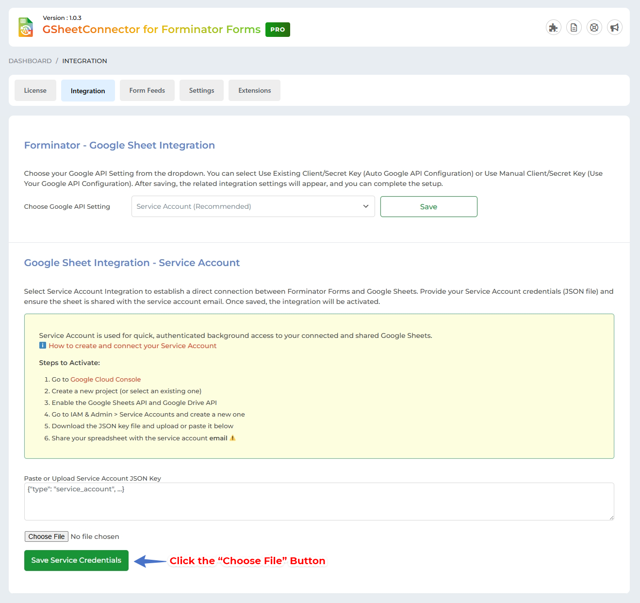 Connect the Service Account in Elementor GSheetConnector Pro