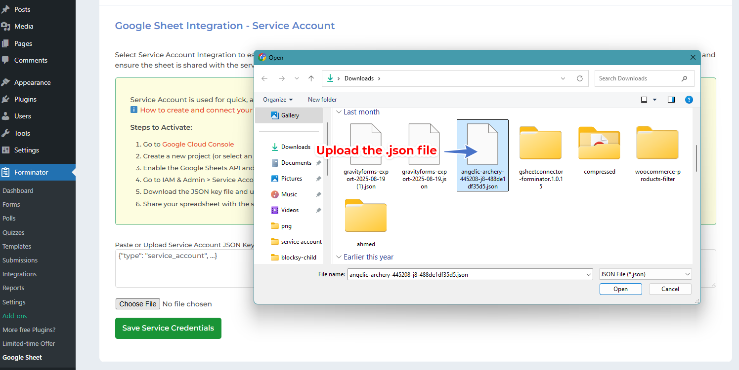 Connect the Service Account in Elementor GSheetConnector Pro - Upload Json file