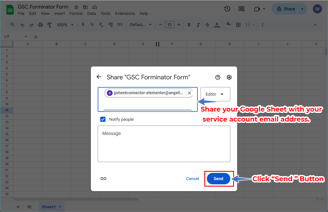 Share the Sheet with the Service Account Email