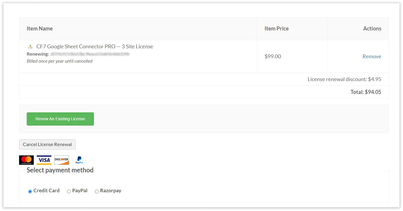 Product License Selection for Renew Subscription