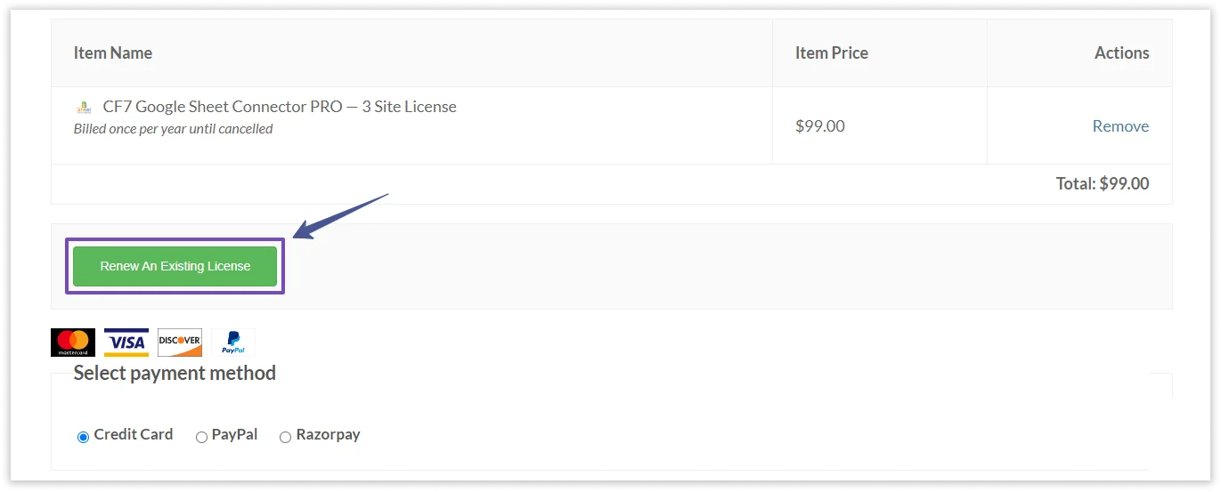 Product License Selection for Renew Subscription