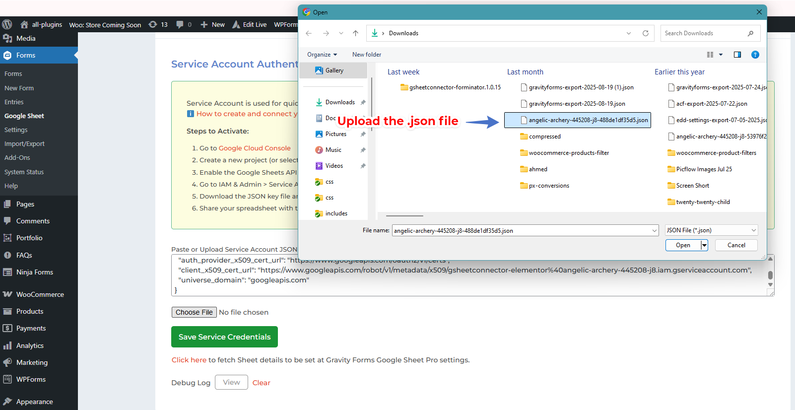 Connect the Service Account in Elementor GSheetConnector Pro - Upload Json file