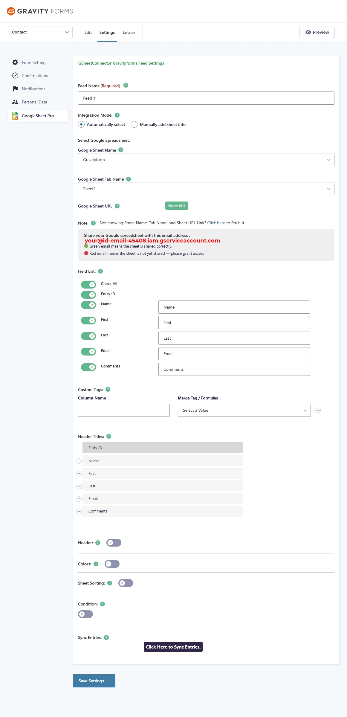 Service Account Setting Pro Version – Google Sheet Connector Google Sheet Connector Elementor Form - Google Sheet Settings – (Auto Settings)