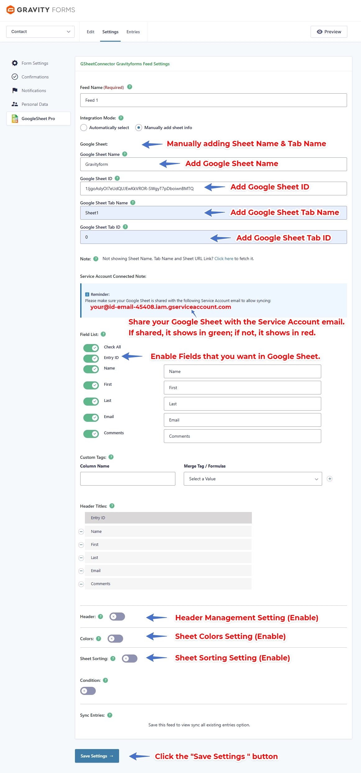 Service Account Setting Pro Version – Google Sheet Connector Google Sheet Connector Elementor Form - Manual Setting