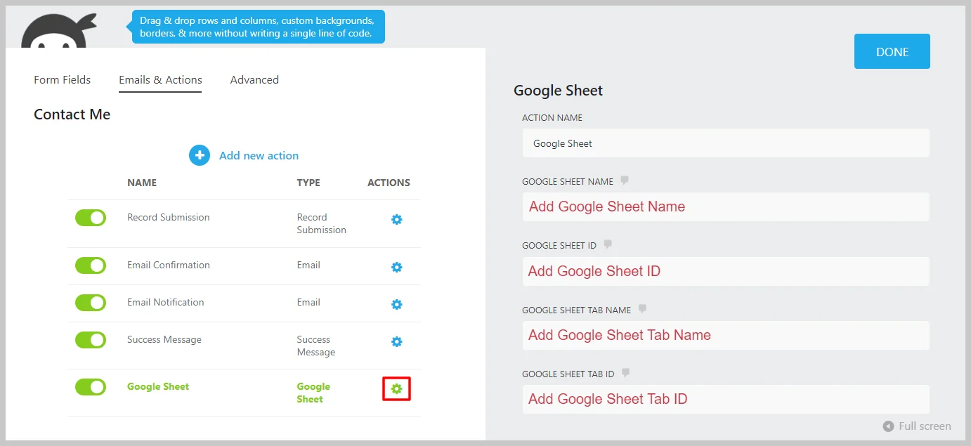 Ninja Forms Google Sheet Connector configuration