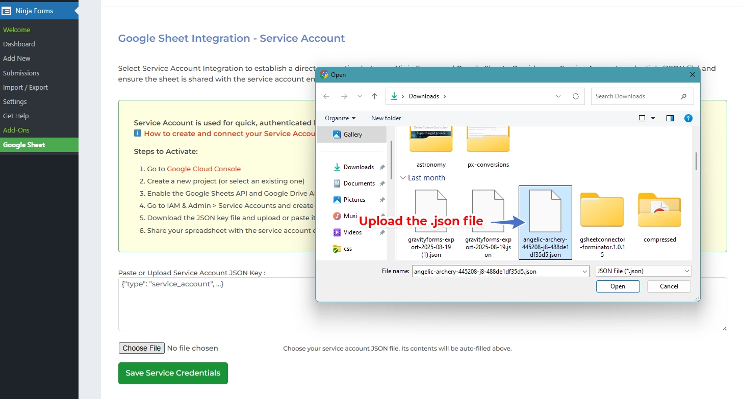 Connect the Service Account in Elementor GSheetConnector Pro - Upload Json file