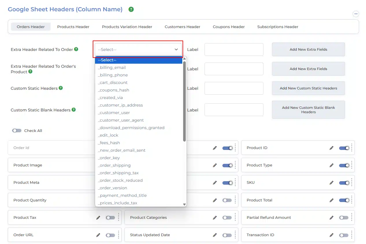 WooCommerce Google Sheets Integration Settings
