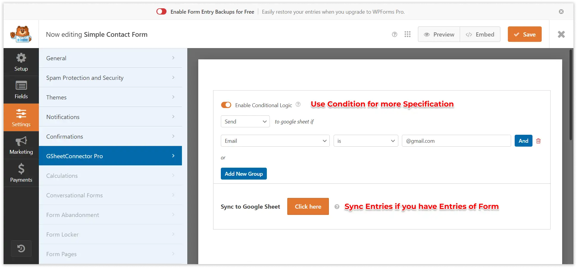 WPForms Google Sheet Connector PRO settings dashboard