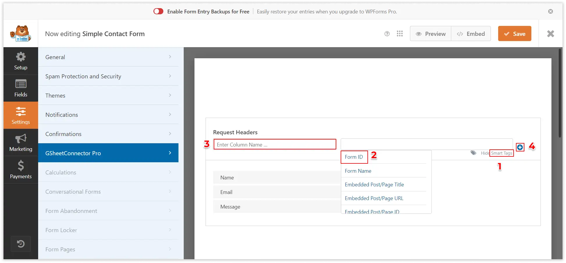 WPForms Google Sheet Connector PRO settings dashboard
