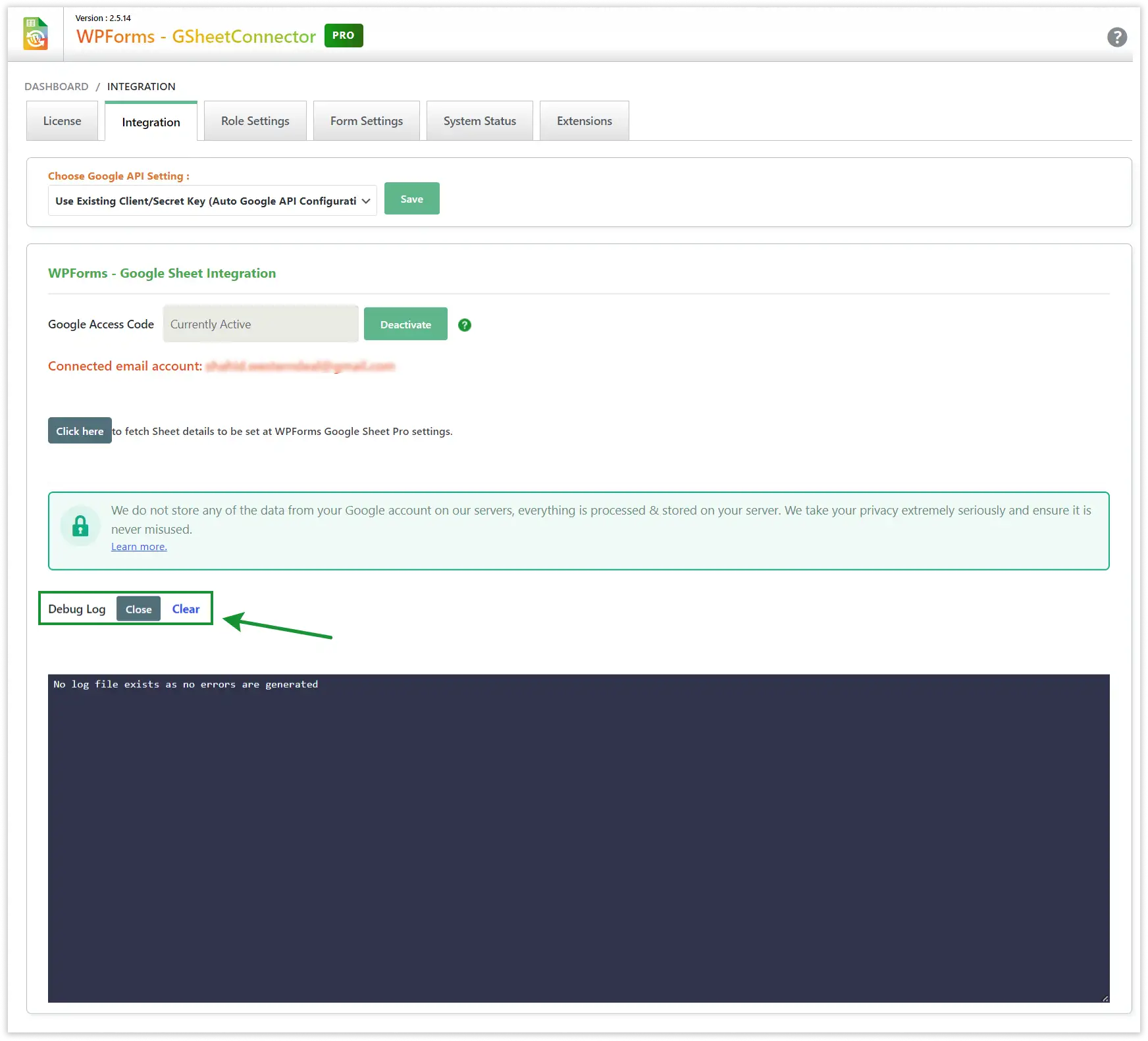 WPForms Google Integration settings screen