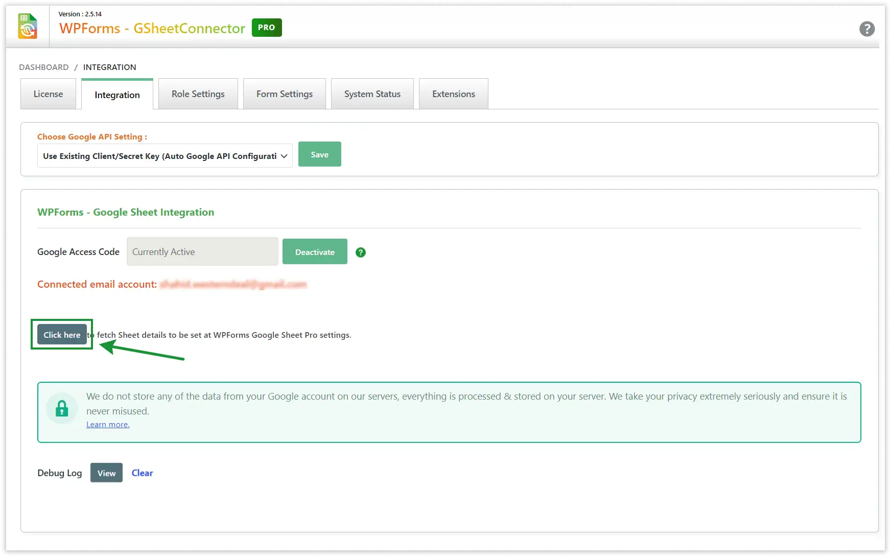 WPForms Google Integration settings screen