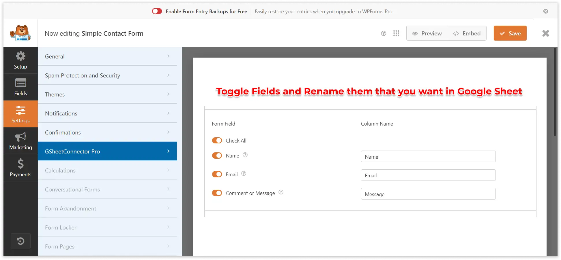WPForms Google Sheet Connector PRO settings dashboard