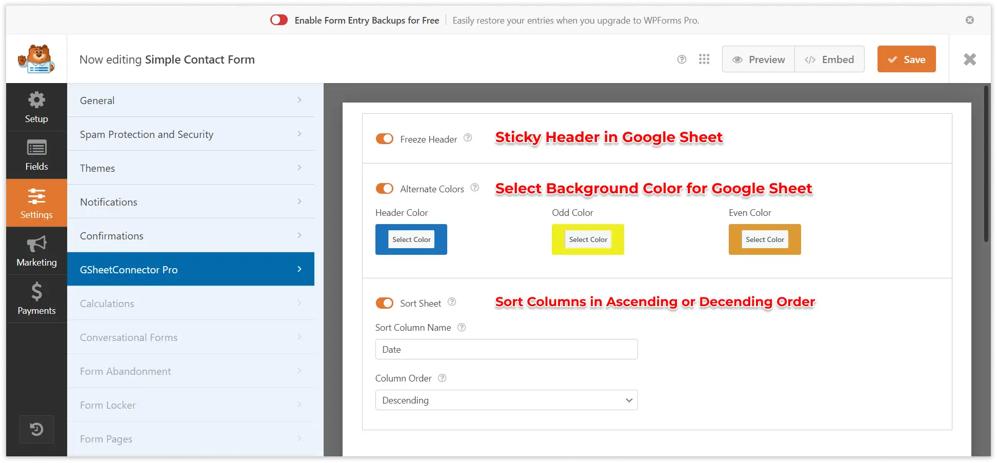 WPForms Google Sheet Connector PRO settings dashboard