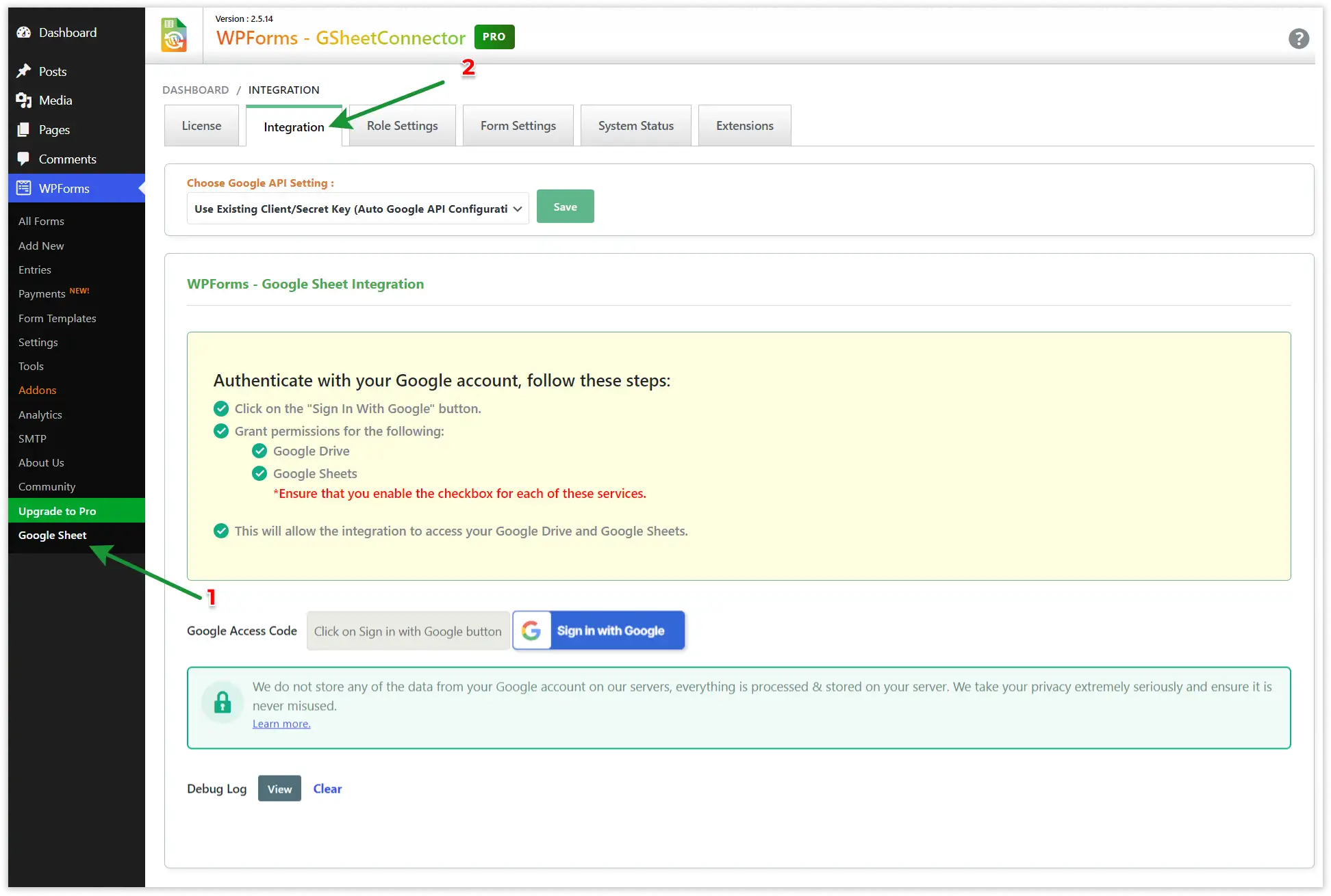 WPForms Google Integration settings screen