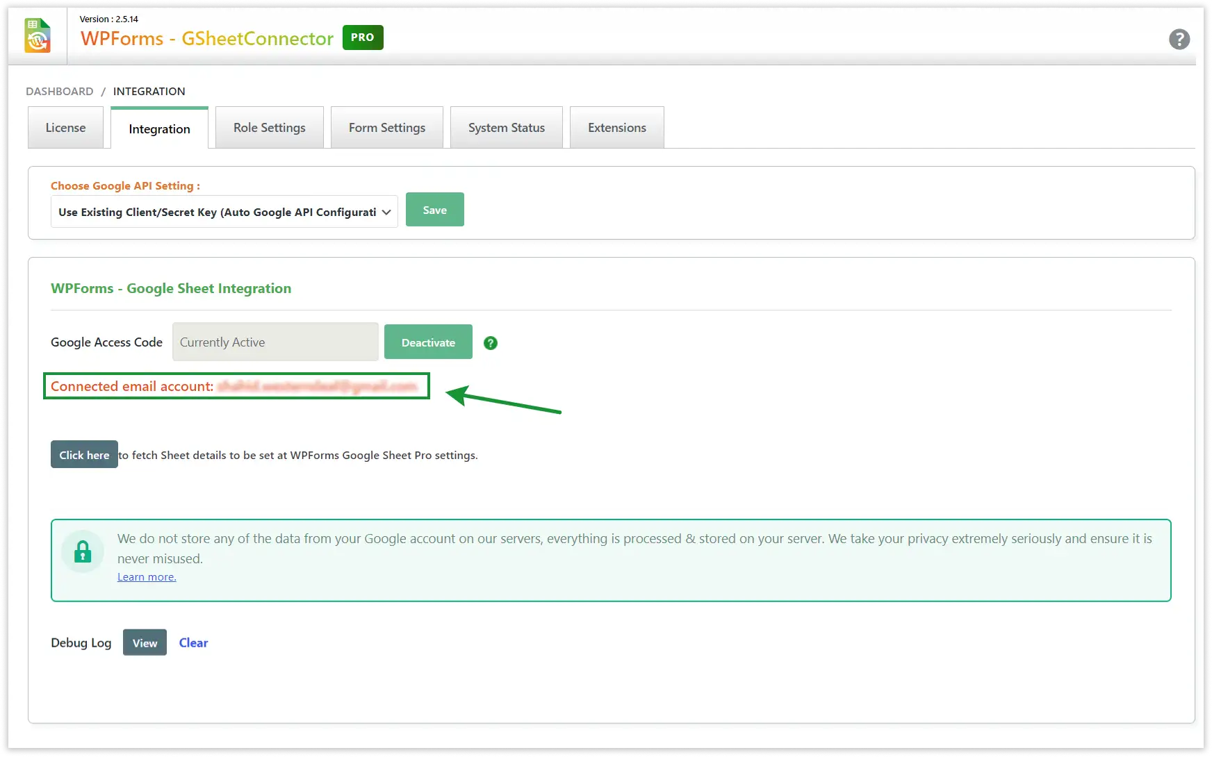 WPForms Google Integration settings screen