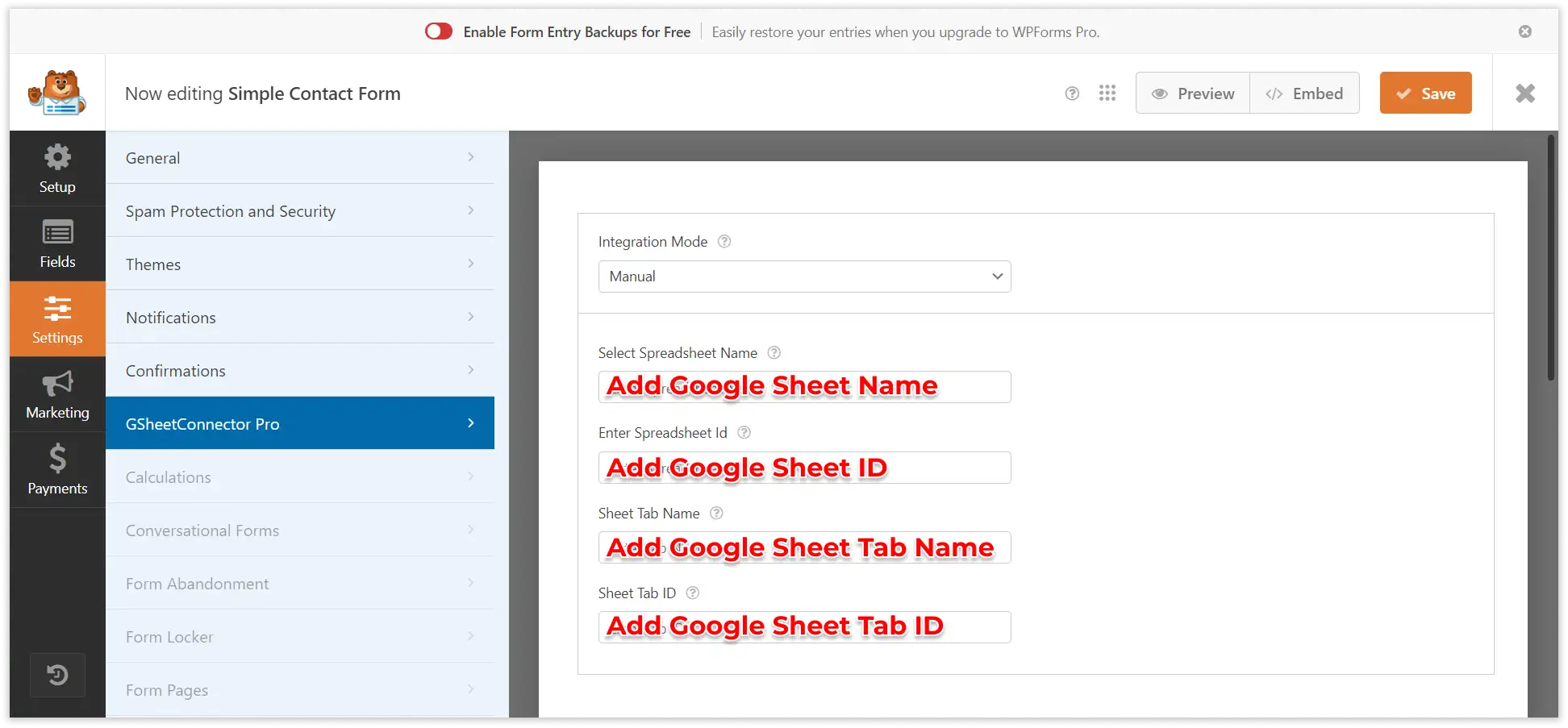 WPForms Google Sheet Connector PRO settings dashboard