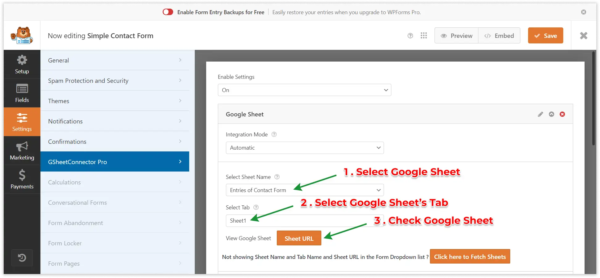 WPForms Google Sheet Connector PRO settings dashboard