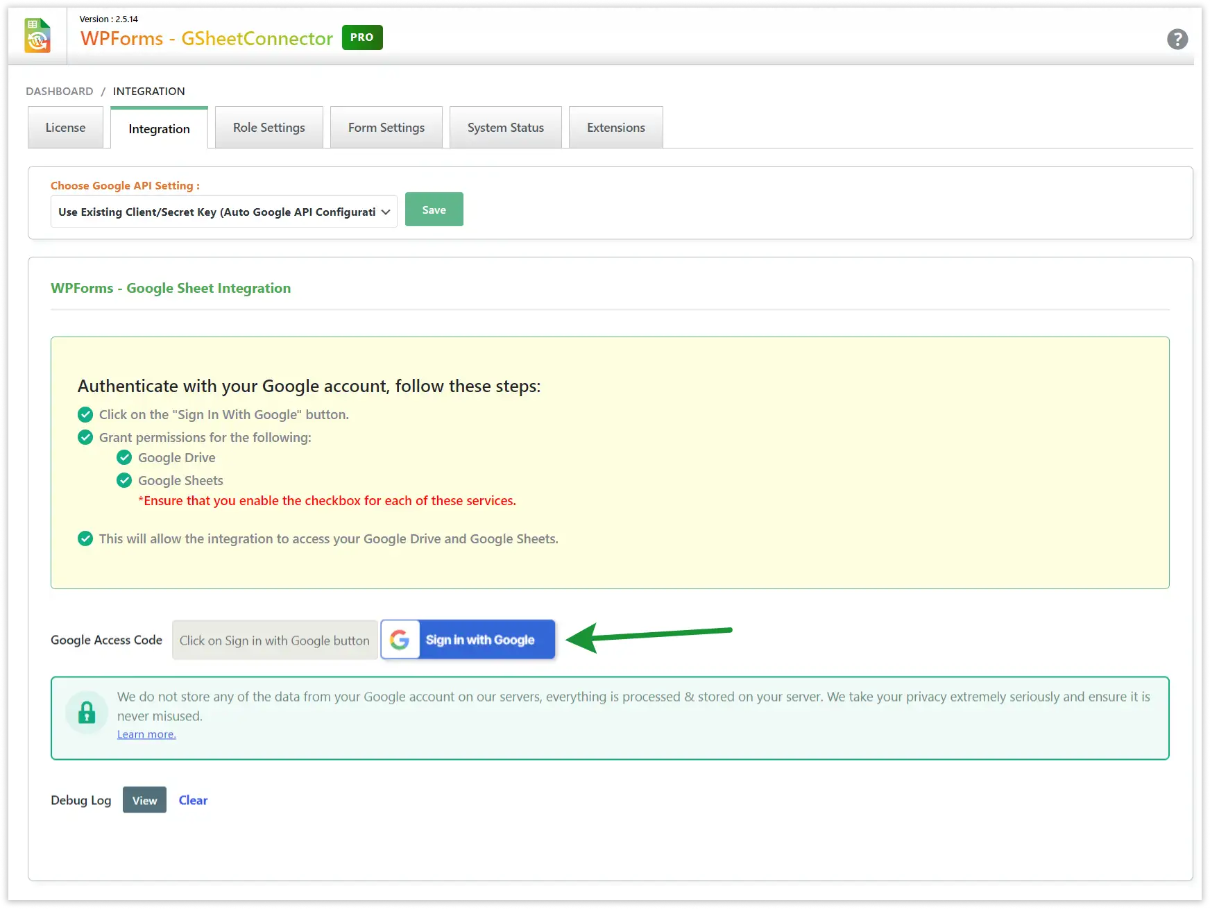 WPForms Google Integration settings screen