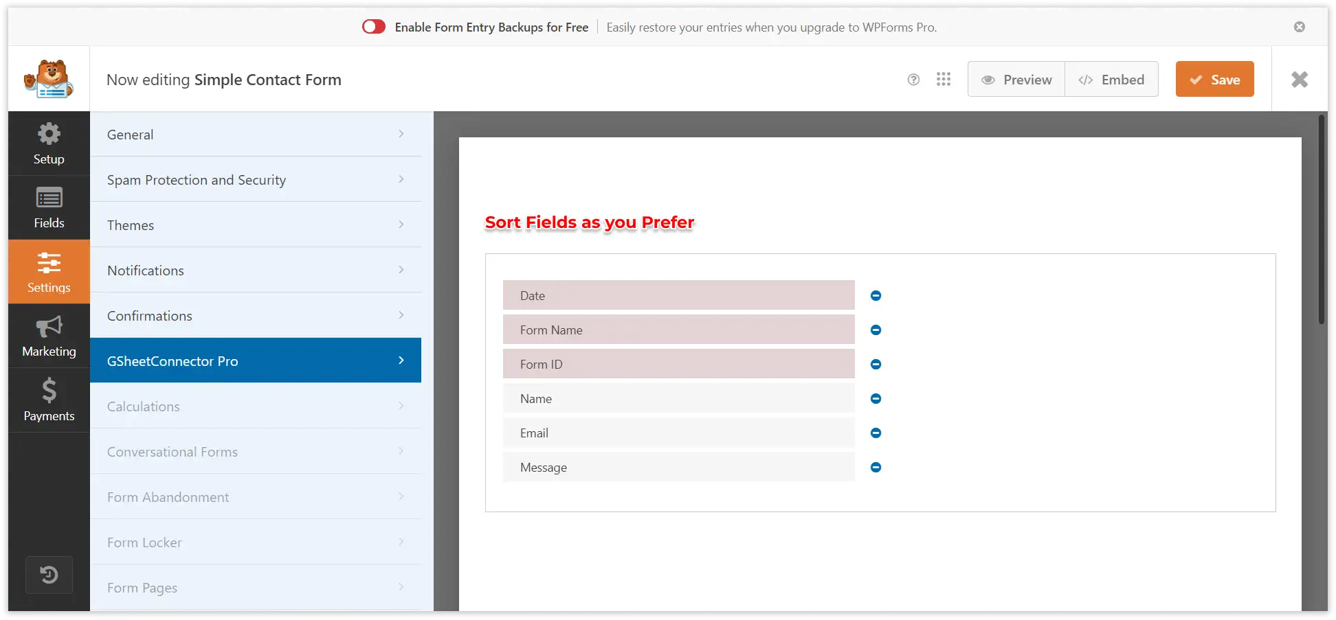 WPForms Google Sheet Connector PRO settings dashboard