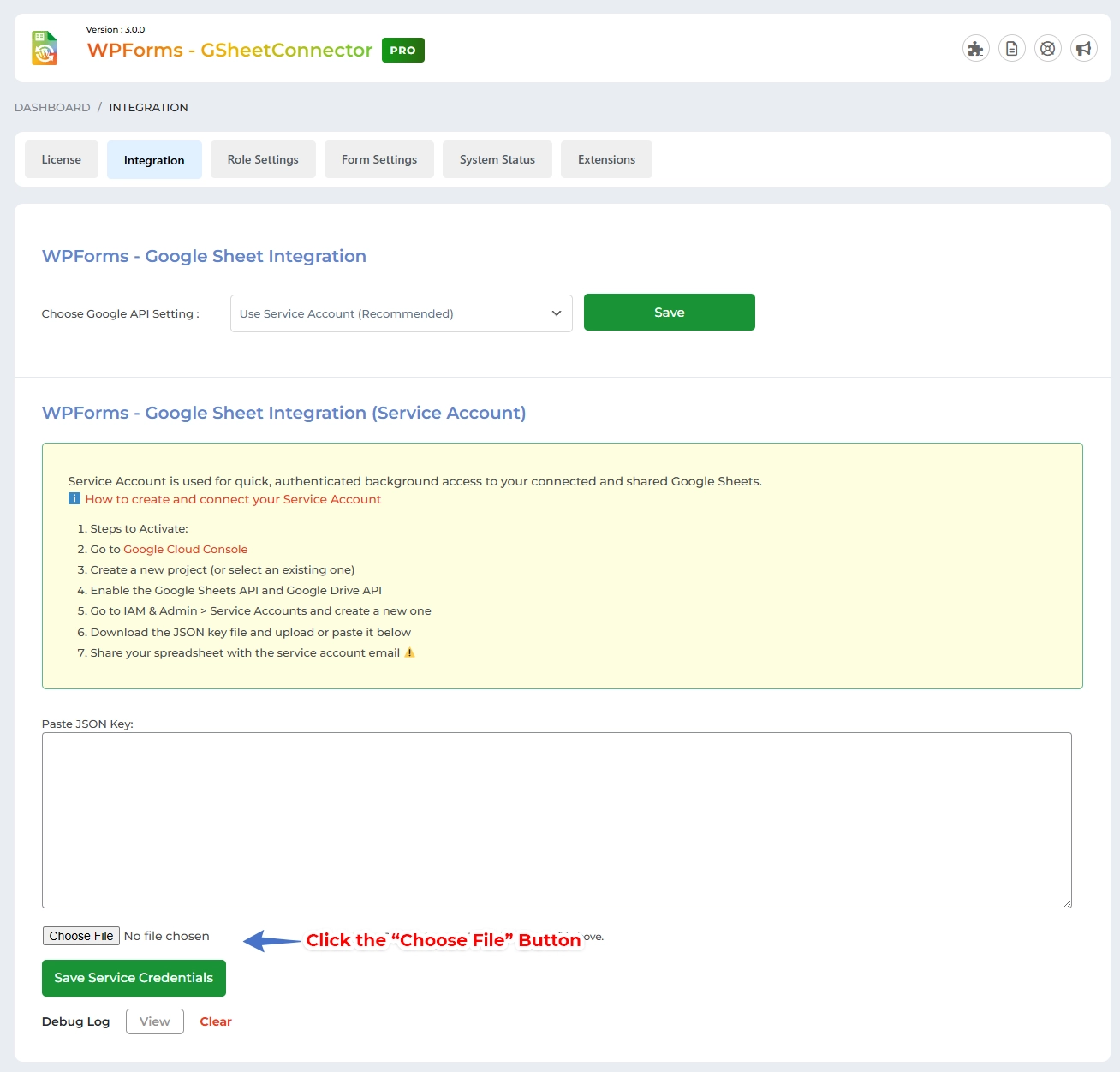 WPForms Google Sheet Connector Pro Service Account Setup - Plugin Settings