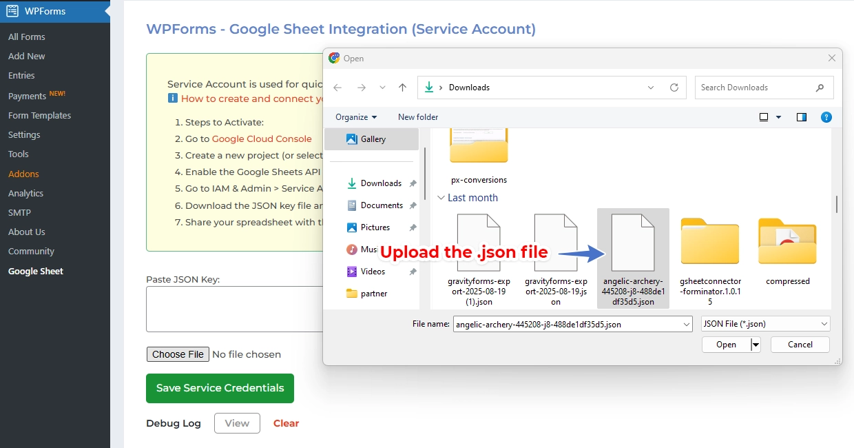 WPForms Google Sheet Connector Pro Service Account Setup - Upload JSON file