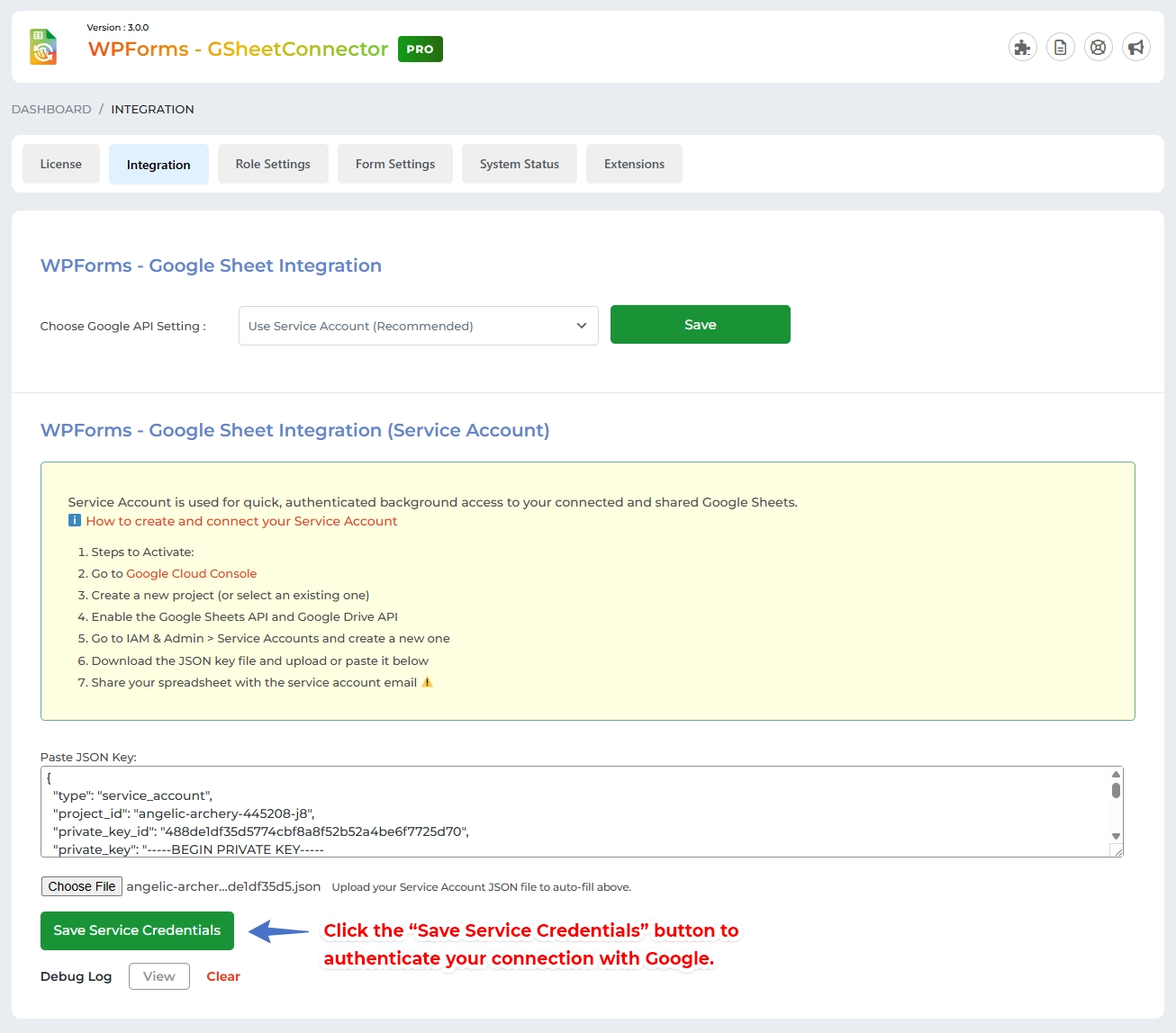 WPForms Google Sheet Connector Pro Service Account Setup - Authentication Success