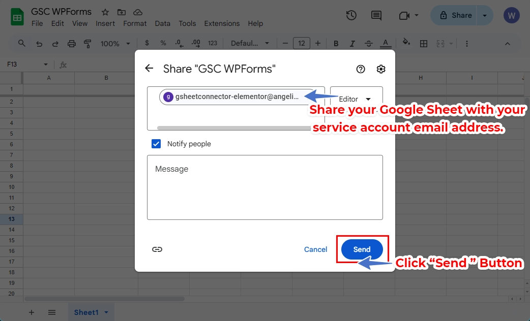 WPForms Google Sheet Connector Pro Service Account Setup - Share the Sheet with the service account email