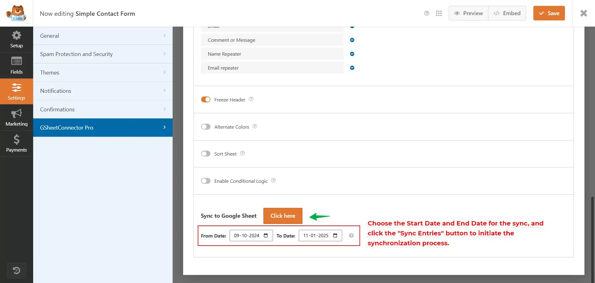 WPForms Google Sheet Connector PRO settings dashboard