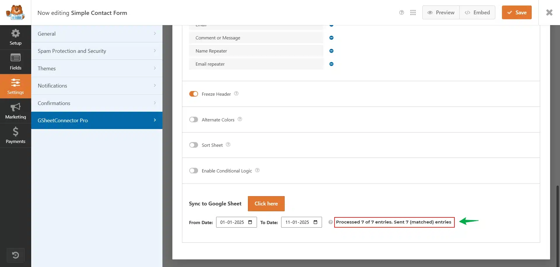 WPForms GSheetConnector Sync Entries